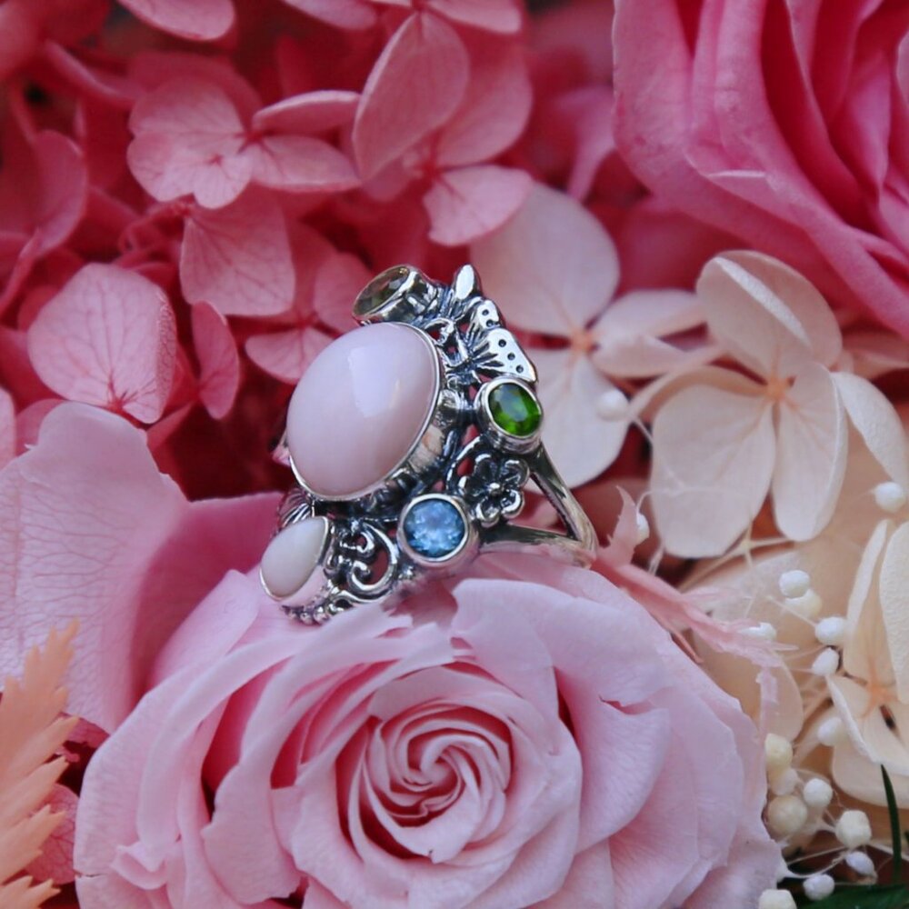 Bali Legacy ✦ Pink Opal & Multi Gemstone Ring ✦ 5.40ctw Sterling Silver Floral - Picture 8 of 16